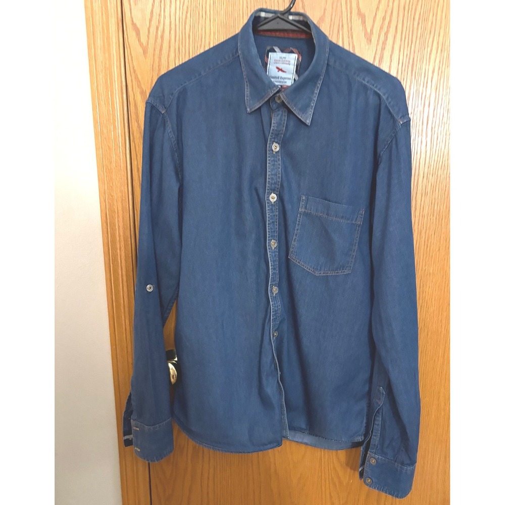 Limited Express Mens XL Blue Denim Button Up Shirt Roll Tab Plaid Trim Slim Fit